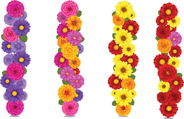 floral garland vector, vertical flower strands, colorful decoration, festive design, cultural ornament, botanical art, seasonal blooms,
