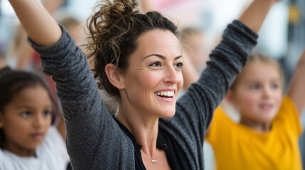 Close-up teacher leading morning warm-up routine with children, stretching arms, positive energy, crisp daylight, 