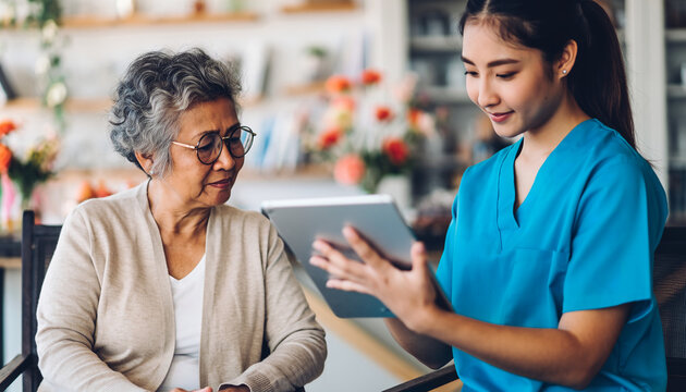 Nurse assists senior woman with tablet in a modern care facility community area
