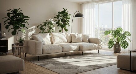 Contemporary Living Space with Sofa, Plants, and Sunlight
