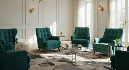 Elegant Modern Teal Armchairs in a Bright Contemporary Living Space