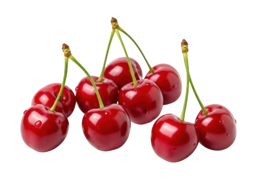 Several ripe, glossy red cherries cluster together with attached green stems