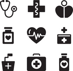 Medical icons, healthcare symbol, doctor stethoscope, hospital cross, medicine bottle, heart rate