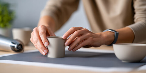 Close-up of hands shaping a small ceramic cup on a pottery wheel in a creative studio environment with blurred background