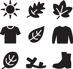 Seasonal icons, summer sun, autumn leaf, winter sweater, boots footwear, t-shirt clothing