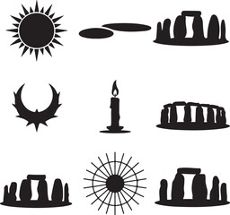 Stonehenge icons, ancient landmark, sun rays, eclipse moon, mystery stones, historical monument