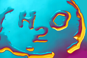 Close-up texture of water drops on glass withformula H2O.