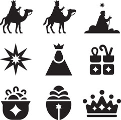 Nativity icons, three wise men, christmas king, camel ride, gift box, star