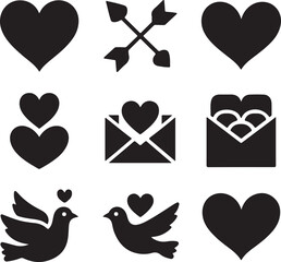 Love icons, heart shape, cupid arrow, love letter, dove bird, romantic gift
