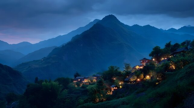 A small mountainside village glows with warm lights at dusk against a backdrop of dark, misty peaks. - Powered by Adobe