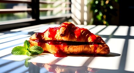 Start your day with a delicious buttery croissant topped with sweet strawberry jam and fresh mint in the morning light for a truly vibrant treat