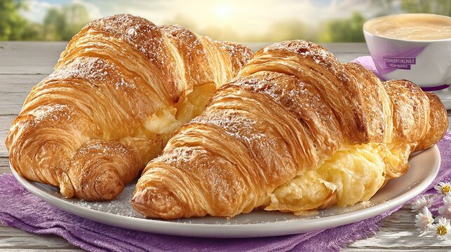 Minimal dual-angle morning still life: purple napkin, croissant, coffee on white china—hi-res blank for app launch, recipe blog or wallpaper