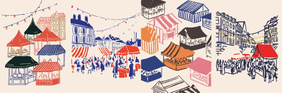 Festive christmas market illustration with hand drawn stalls, street lights and winter holiday crowds