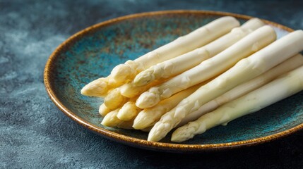 Fresh raw white asparagus spears stacked on a rustic blue plate