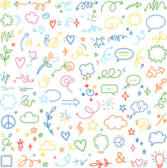 Colorful hand drawn doodle vector set including arrows speech bubbles hearts stars flowers and other elements for design and decoration projects