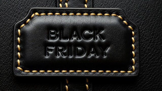 Black friday embossed text on a luxurious black leather tag with golden stitching, symbolizing shopping events and sales.