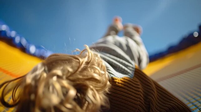 Happy young child bouncing high on a trampoline under blue sky