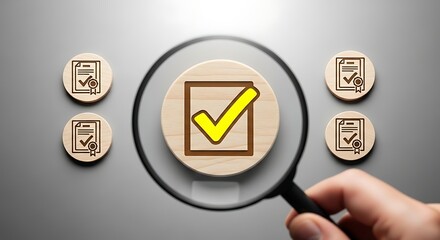 Magnifying glass focusing on a wooden check mark against gray background