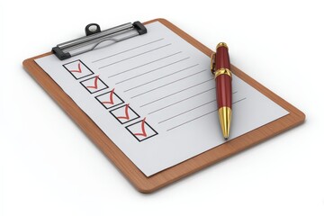 A 3D render of a clipboard with a checklist and a pen. Isolated on a plain white background. Concept of task management, planning, and survey.