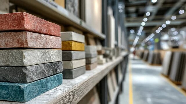 Ceramic tile selection displayed on retail shelves, featuring diverse colors, patterns, and textures for home renovation design choices