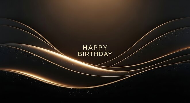 Elegant Happy Birthday greeting card with golden wave lines on black background