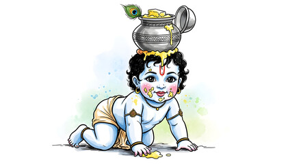 Naklejka premium Traditional baby crawling with pot on head and peacock feather adornment