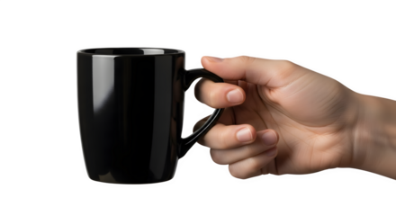 Hand Holding Black Coffee Mug isolated on transparent background