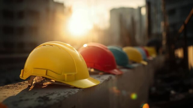 Row Of Construction Hard Hats In Various Colors Lined Up On A Ledge Outdoors At Golden Hour Sunset With City Buildings In The Background Creating A Warm Atmosphere