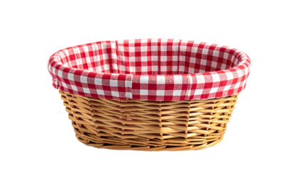 Empty wicker picnic basket with a traditional red and white gingham cloth liner isolated on a white background