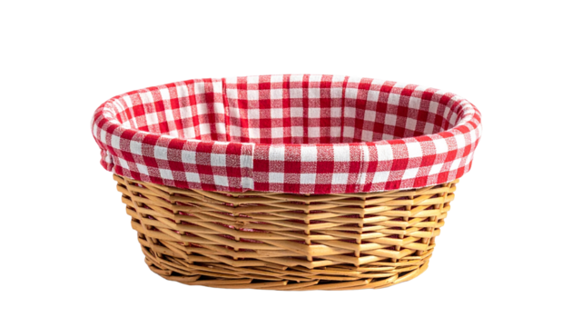 Empty wicker picnic basket with a traditional red and white gingham cloth liner isolated on a white background