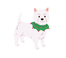 Dog wearing a Christmas accessory illustration. West Highland White Terrier puppy dressed in a green scarf with red baubles. Holiday pet vector for festive designs