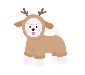 Cute Bichon Frise in flat style wearing reindeer outfit for winter holidays. Adorable Christmas dog vector illustration or seasonal cards and prints