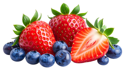 Fresh ripe strawberries and blueberries isolated on a clean white background for healthy eating