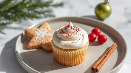 Vanilla Cupcake and Star Cookie on Ceramic Plate in Festive Christmas Setting