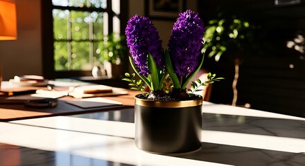 Elegant purple hyacinth blooming in a modern black and gold pot, bringing vibrant color to a sunlit office space, perfect for spring decor inspiration