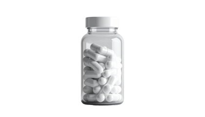Isolated clear glass bottle filled with many white capsules, standing on a clean background, symbolizing good health