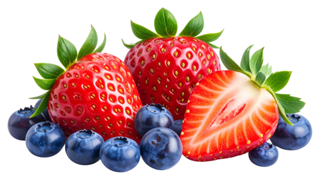 Fresh ripe strawberries and blueberries isolated on a clean white background for healthy eating