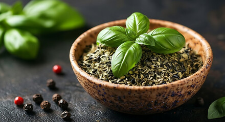 A bowl filled with dried herbs and fresh basil leaves on a dark textured surface with peppercorns