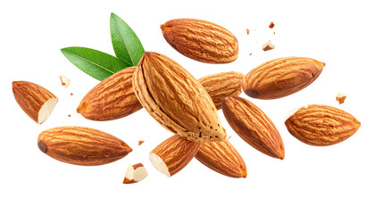 Wholesome raw almonds and fresh green leaves gracefully falling, isolated on a bright white background for healthy eating