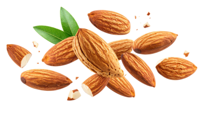 Wholesome raw almonds and fresh green leaves gracefully falling, isolated on a bright white background for healthy eating