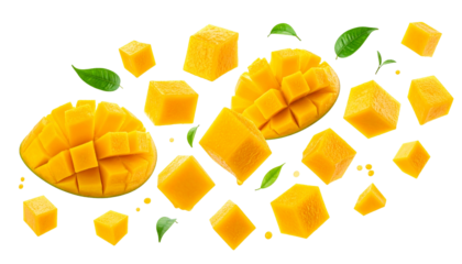Fresh ripe mango cubes and sliced halves falling or flying, isolated on a clean white background