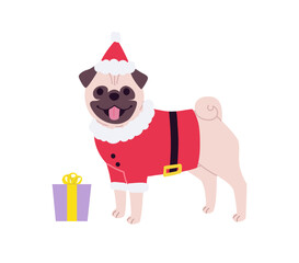 Christmas Pug vector illustration. Cheerful Dog dressed in Santa outfit isolated on white background. Playful holiday character for greeting cards, stickers and more