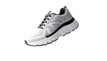 Dynamic white athletic running shoe suspended mid-air against a pristine background, showcasing modern design and comfort