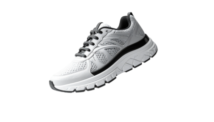 Dynamic white athletic running shoe suspended mid-air against a pristine background, showcasing modern design and comfort