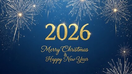 Sparkling golden glitter text &#x27;2026 merry christmas &amp; happy new year&#x27; on blue with festive fireworks display