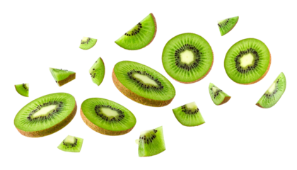 Fresh green kiwi fruit with slices and wedges flying in the air on a white background