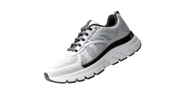 Dynamic white athletic running shoe suspended mid-air against a pristine background, showcasing modern design and comfort