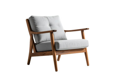 Modern Wooden Armchair with Comfortable Gray Upholstery Isolated on White