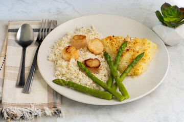 baked haddock with  pan sheared scallops