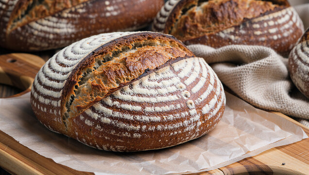 Freshly baked artisan sourdough bread loaf with a beautiful crust and scoring on a rustic wooden board